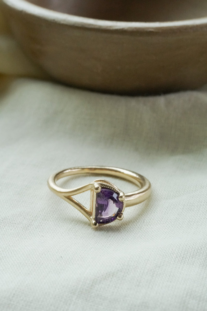 Shown: Amethyst for a February baby. The half-moon symbolizes the family's love for the earth, and the shank moving from two into one is a poetic representation of joining together in unity as a family. 