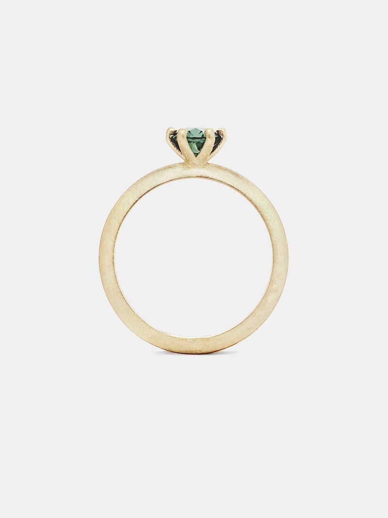 Classic Solitaire- Sapphire with 0.75ct viridian Montana sapphire in 14k yellow gold with organic texture and signature matte finish.