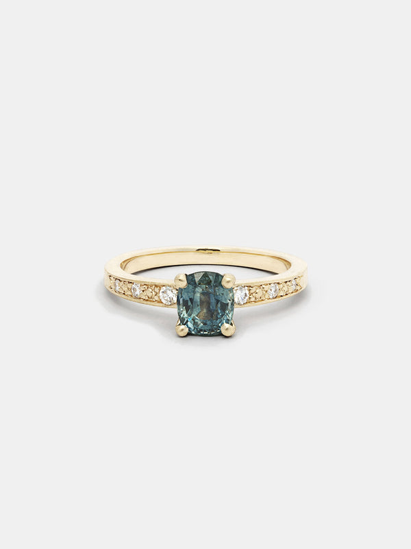 Shown: 1ct viridian Montana sapphire in 14k yellow gold with organic texture and signature matte finish.