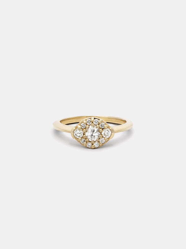 Shown: near colorless 4mm antique diamond with (2) 2.5mm antique diamond side stones and recycled diamond accents in 14k yellow gold with smooth texture and signature matte finish.