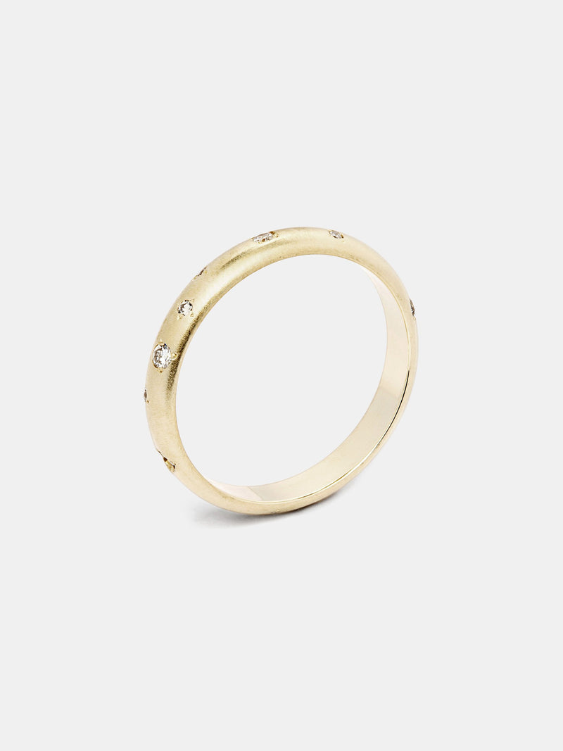 Stardust Band with a mix of 1mm and 1.5mm recycled diamonds in 14k yellow gold with signature matte finish. 