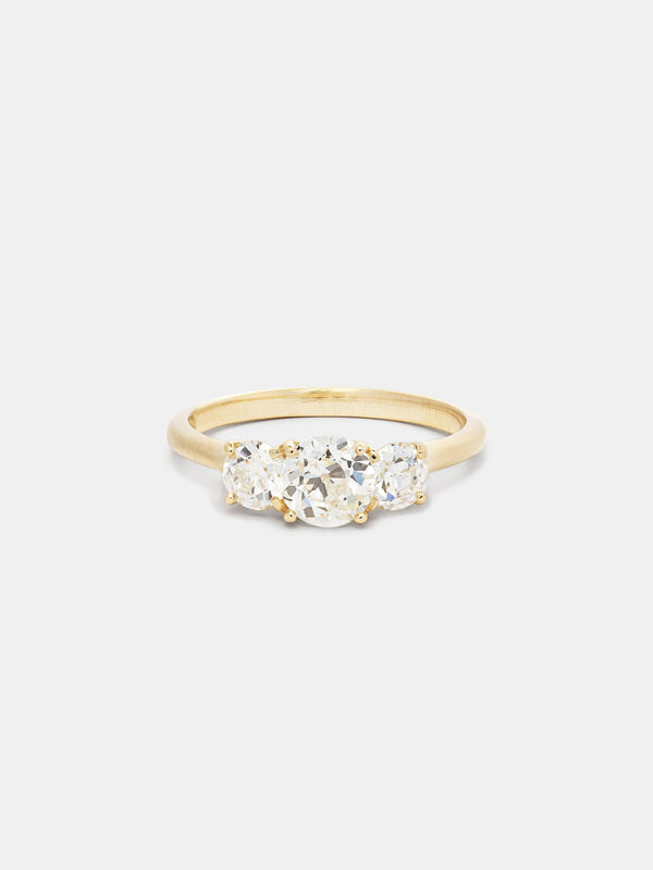 Shown: 0.75ct center with 0.25ct sides, near colorless antique diamonds in 14k yellow gold with smooth texture and signature matte finish. 