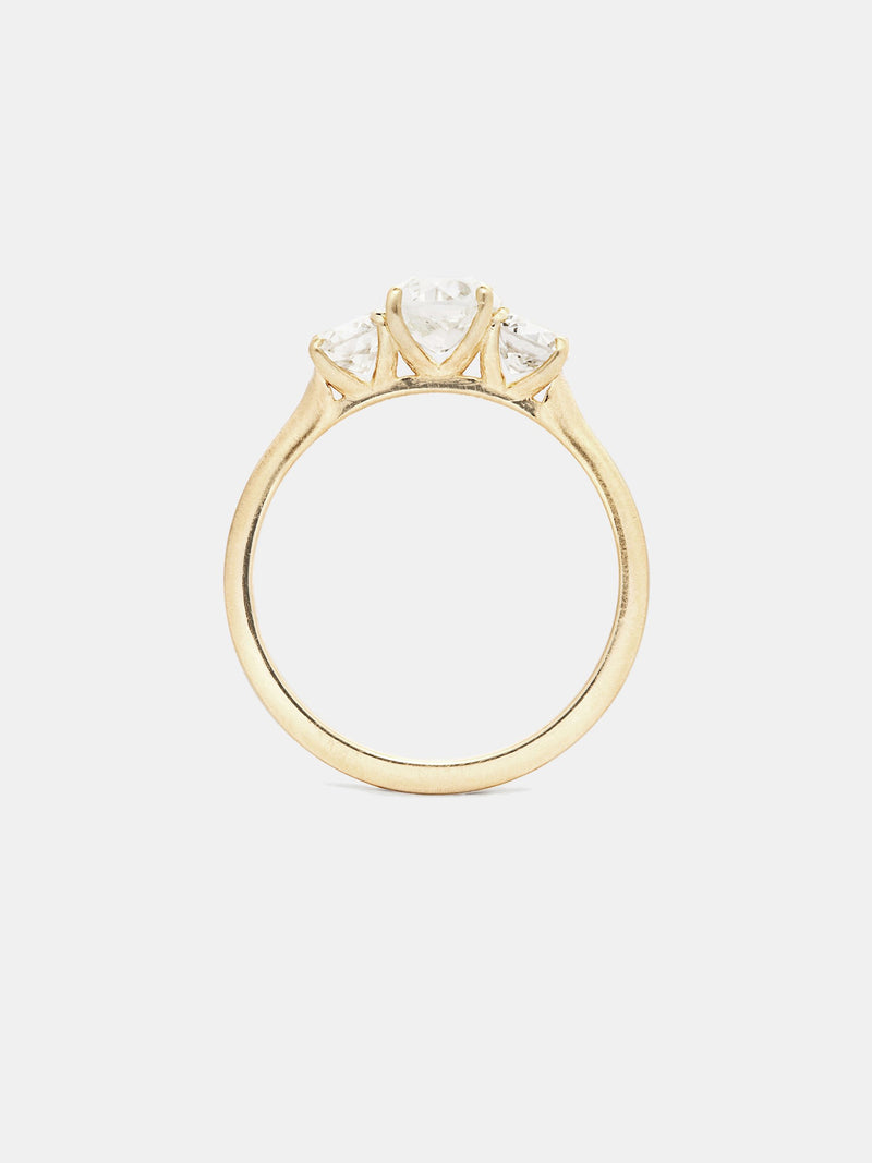 Vega Three Stone Diamond Ring with 0.75ct center with 0.25ct sides, near colorless antique diamonds in 14k yellow gold with smooth texture and signature matte finish.